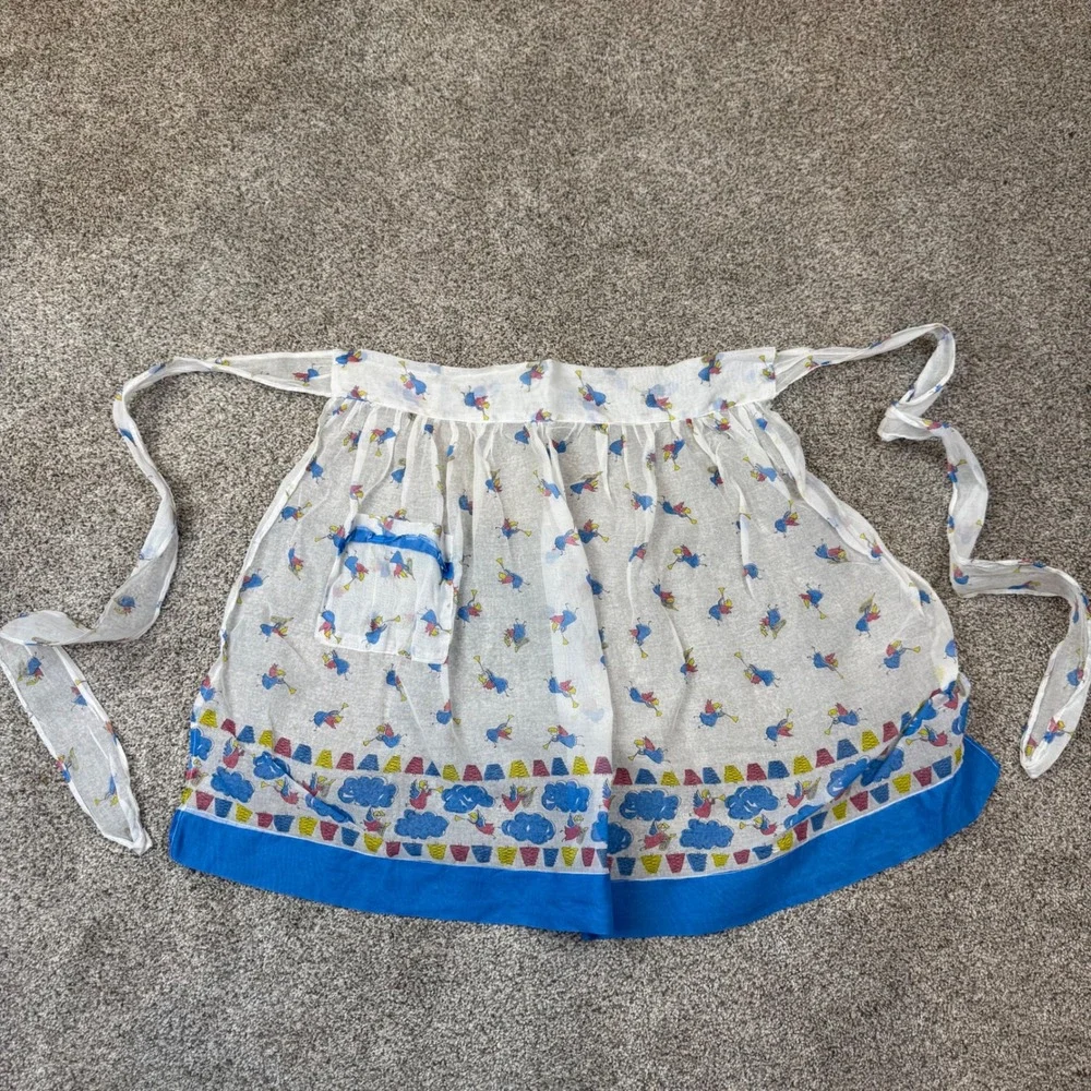 Vintage Angel Novelty Print Half Apron White‎ Blue Sheer Retro Kitchen Pocket
